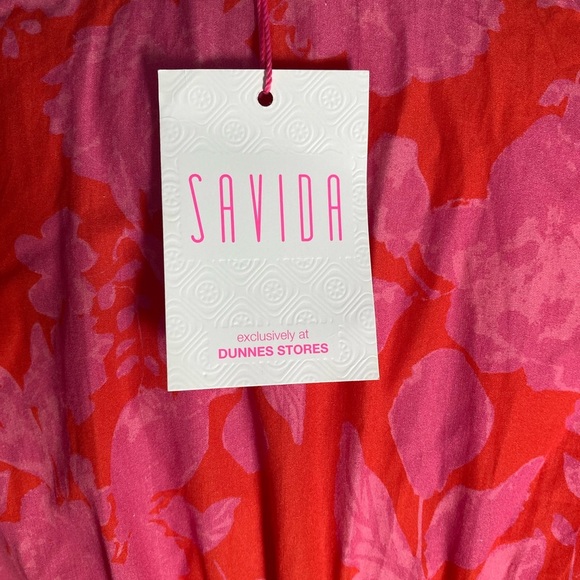 Savida Midi Dress NWT Red Pink Floral Puff Sleeve Belted Midi Tiered Ruffle - Picture 9 of 13